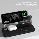 Magnetic Wireless Charger with Clock Function: 5W 5-in-1 Charging Station for iPhone, iWatch Ultra, AirPods, and Samsung Devices