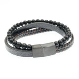 Men's Natural Onyx Stone Bracelet – Handmade Braided Black Coffee Leather with Stainless Steel Magnetic Buckle