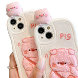 Adorable Plush Pig with Heart Satchel 3D Silicone Case for iPhone 11 to 15 Pro Max, Cartoon Style