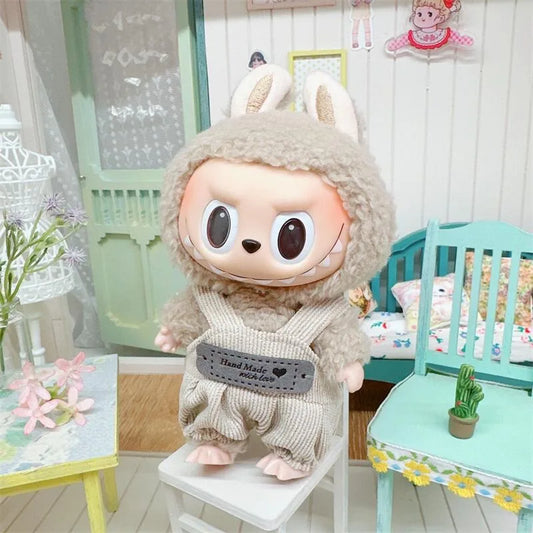 Labubu Doll Clothes Set – 17cm Plush Doll Outfit with Overalls, Dress & Hairpin for Cute Styling and Fashion Accessories Gift