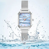 Square Dial Quartz Watch for Women with Japan Movement, Alloy Shell, Mesh Bracelet - Stainless Steel Ladies Dress Wristwatch