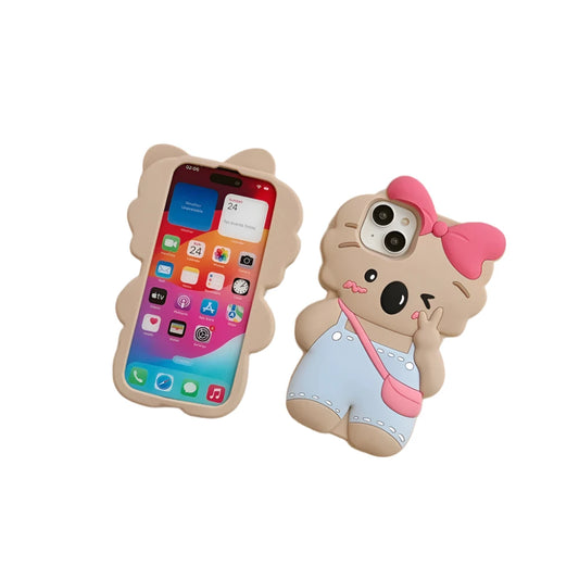 Cute 3D Pink Bow Overall Koala Silicone Phone Case for iPhone 11, 12, 13, 14, 15 Pro Max