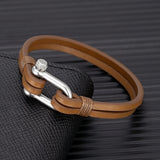 Men's Nautical Double-Strand Leather Bracelet – Stainless Steel U-Shape Buckle | Handmade Jewelry for Men