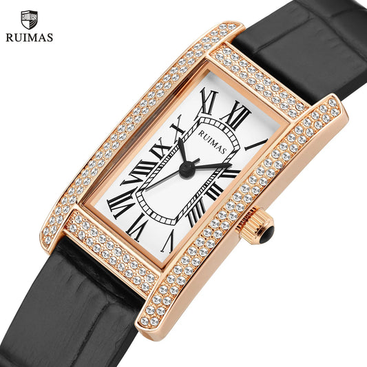 RUIMAS Women's Square Rose Gold Watch, Luxury Leather, Fashion Casual Quartz Ladies Wristwatch