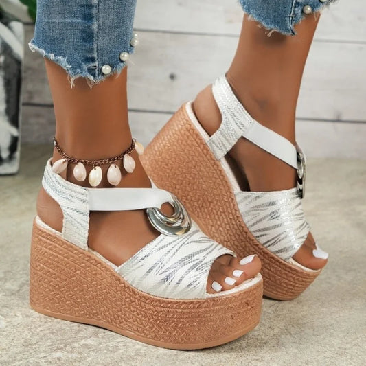 Women's Chunky Summer Sandals – Thick Sole Wedge Heels with Hollow-Out Platform Gladiator Style