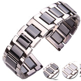 Stainless Steel Watchband with Ceramic Links: Available in 16mm, 18mm, 20mm - Men's and Women's White or Black Strap