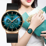 LIGE Luxury Fashion Mesh Steel Women's Watch: Waterproof Quartz Wristwatch for Ladies