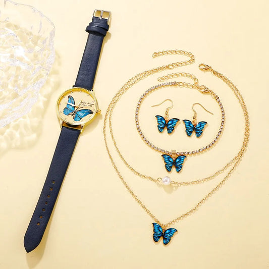 Women's Fashion Quartz Watch Set: Includes One Watch with Butterfly Dial and Accessories, Luxury Brand Design, Simple Yet Elegant