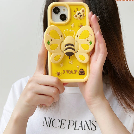 Lovely 3D Bee with Wings Holder Silicone Case for iPhone 11-14 Pro Max, Fun Cartoon Protective Cover