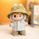 Labubu Doll Plaid Shirt & Stripe Shorts Set – 17cm Plush Fashion Outfit with Hat for Trendy Doll Styling & Cute Accessories Gift