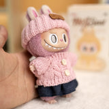 Labubu V1/V2 Party Outfit Set – 17cm Plush Doll Clothes with Bear Label Sweater, Jean Shorts, Scarf & Hat Accessories