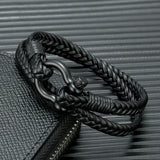 Black Double-Layer Braided Leather Bracelet – Stainless Steel Horseshoe with Detachable Screw Clasp | Unisex Wristband Jewelry