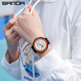 SANDA Stylish Quartz Wristwatch – Waterproof Round Dial with Fluorescent Silicone Strap – Unisex Design