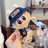 Labubu Doll Denim Outfit Set – 17cm Cowboy Hat, Denim Jacket, White T-Shirt & Khaki Shorts Fashion Clothes for Plush Dolls