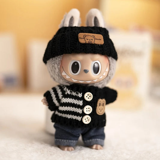 Labubu V1/V2 Party Outfit Set – 17cm Plush Doll Clothes with Bear Label Sweater, Jean Shorts, Scarf & Hat Accessories