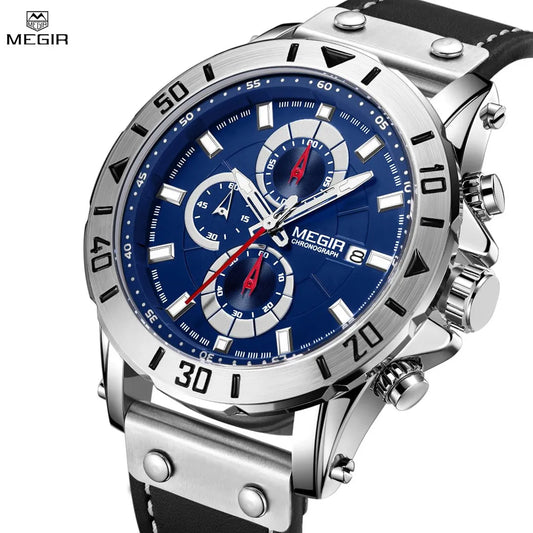 MEGIR Men's Military Sport Watch: Waterproof, Leather Quartz Chronograph with Calendar