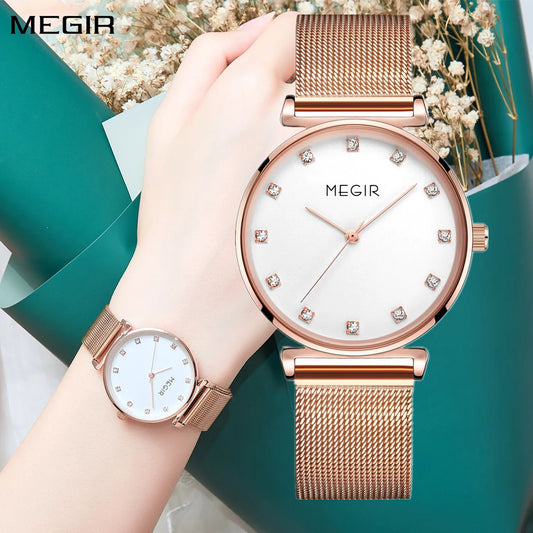 MEGIR Quartz Bracelet Watch: Stylish Stainless Steel Mesh for Women, Luxury, and Waterproof