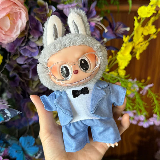 Labubu Idol Doll Bow Tie Men’s Suit – 17cm Mini Plush Doll Outfit with Glasses for Birthday & Display Accessories