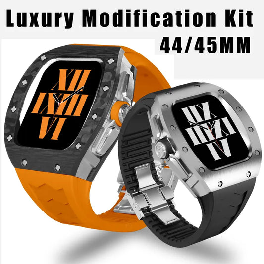 Luxury Mod Kit for 44/45mm Apple Watch: Carbon Fiber Titanium Case and Viton Strap