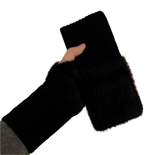 Warm Half Finger Gloves for Women: Luxurious Solid White Mink Fleece, Soft Knitted Fingerless Design, Perfect for Winter