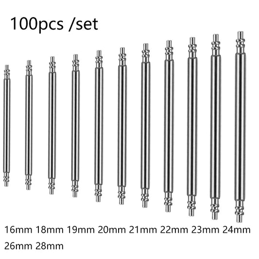 100pcs Stainless Steel Spring Bars (16mm-28mm) – Silver Metal Watch Band Accessories for Strap Repair & Watchband Link Pins