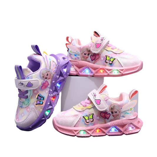 Disney LED Casual Sneakers with Frozen Elsa Princess Print for Girls - Lighted Non-slip Shoes in Pink & Purple