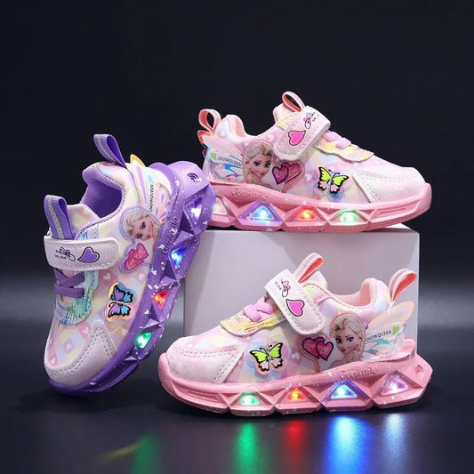 Disney LED Casual Sneakers with Frozen Elsa Princess Print for Girls - Lighted Non-slip Shoes in Pink & Purple