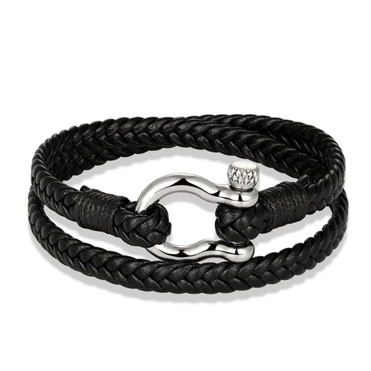 Black Double-Layer Braided Leather Bracelet – Stainless Steel Horseshoe with Detachable Screw Clasp | Unisex Wristband Jewelry