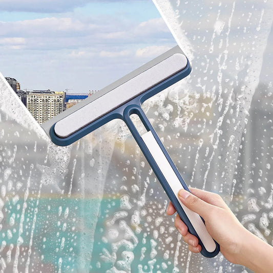 Window Glass Cleaner: Dual-Use Brush for Dry and Wet Cleaning, Includes Scraper and Wiper for Window Screens