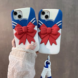 Cute Anime Girl Dress and Red Bow Silicone Case with Handy Wrist Strap for iPhone 11-15 Pro Max