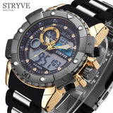 STRYVE Men's Fashion Gold Luxury Sports Watch, Multifunction Quartz Analog Military Digital Wristwatch for Men