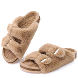 Women's Fluffy Slide Sandals with Cork Footbed, Fuzzy Open Toe House Shoes, Adjustable Indoor Slippers with Arch Support