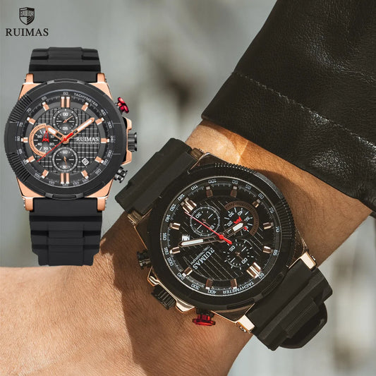 RUIMAS Luxury Men's Quartz Sports Watch: Silicone Strap, Luminous Hands, Chronograph