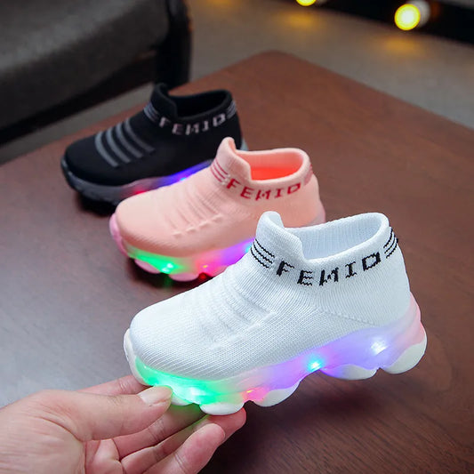 Children's LED Luminous Sports Sneakers for Boys and Girls with Letter Mesh, Baby Socks, and Light-Up Feature