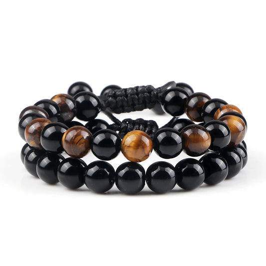 Men's Fashion Tiger Eye Bracelet & Bangle – 8mm Shiny Black Onyx Beads | Couples Yoga Healing Pulsera Gift