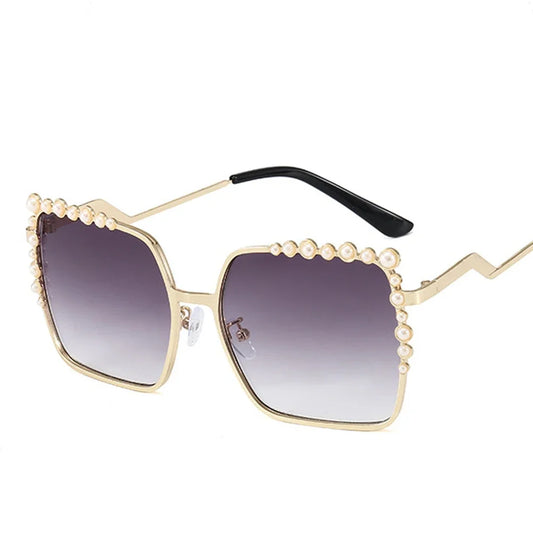 Elegant Oversized Square Sunglasses for Women - Designer Brand Fashion Shades with Pearl Details, Large Square Frames