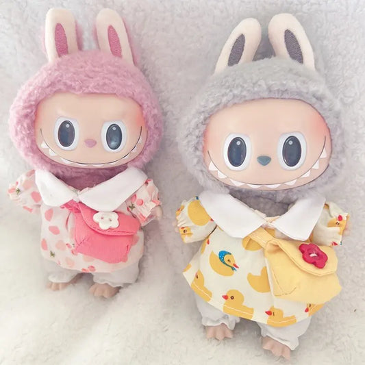 Labubu Doll Yellow Duck & Cherry Shirt Set – 17cm Plush Doll Clothes with Hat and Pants Three-Piece Outfit for Cute Styling