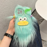 Charming 3D Furry Monster Case with Bow for iPhone 11-15 Pro Max, Hand Warmer Design