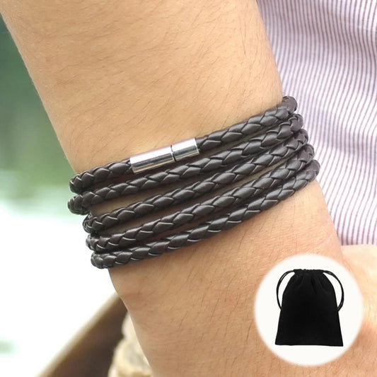 Men's Wrap Long Black & Brown Leather Bracelet – 5-Lap Sporty Fashion Bangle | Charm Gift with Velvet Bag