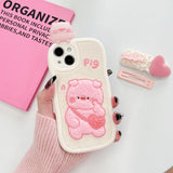 Adorable Plush Pig with Heart Satchel 3D Silicone Case for iPhone 11 to 15 Pro Max, Cartoon Style