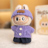 Labubu V1/V2 Party Outfit Set – 17cm Plush Doll Clothes with Bear Label Sweater, Jean Shorts, Scarf & Hat Accessories