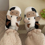 Women's Winter Plush Slippers with Adorable Cow Design, Warm Cotton Indoor Shoes, Fluffy Cartoon Anti-Skid Cloud Slippers for Home