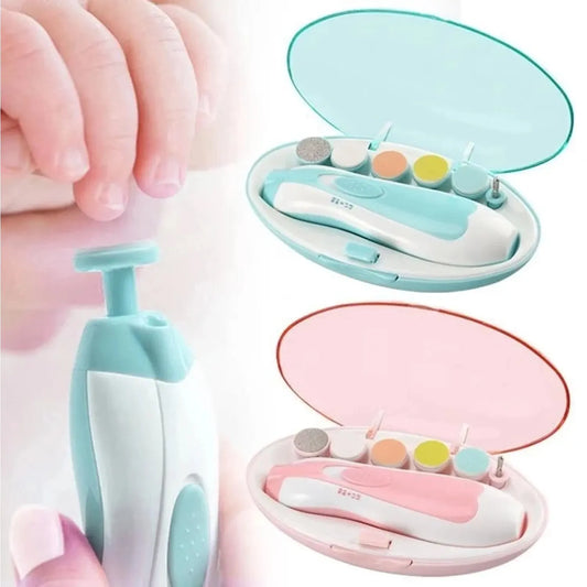 Electric Baby Nail Trimmer Set: 6-in-1, Includes Sharpener, Kid-Friendly Scissors, and Manicure Tools in Blue/Pink