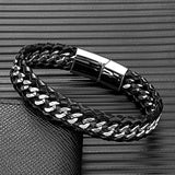 Men's Punk Vintage Cuban Link Bracelet – Black Multilayer Woven Genuine Leather with Stainless Steel Bicycle Chain | Jewelry Gift