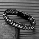 Men's Punk Vintage Cuban Link Bracelet – Black Multilayer Woven Genuine Leather with Stainless Steel Bicycle Chain | Jewelry Gift