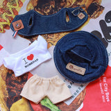 Labubu Doll Denim Outfit Set – 17cm Cowboy Hat, Denim Jacket, White T-Shirt & Khaki Shorts Fashion Clothes for Plush Dolls