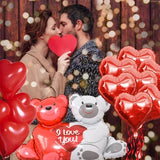 Valentine's Day Decor Set: 56 Red Balloons with "I LOVE YOU" Hug Bear Foil Balloons, Silk Rose Petals - Perfect for Valentine's Day Decor