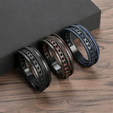 Men's Classic Fashion Leather Bracelet – Stainless Steel Rivet Design with Magnetic Buckle | Fashion Jewelry