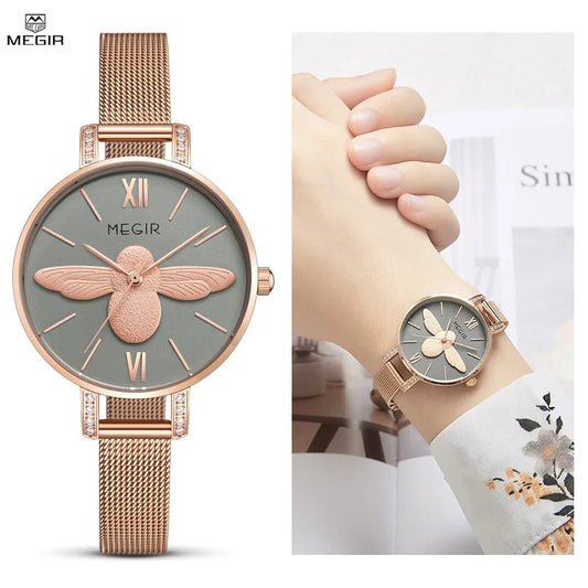 MEGIR Stylish Ladies' Quartz Wristwatch, Luxury Brand, Casual Rose Gold Mesh Strap, Women's Business Watch