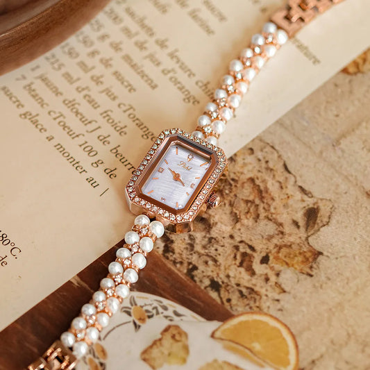 Vintage Pearls Ladies' Watch: Square Waterproof Quartz Movement with Retro Small Dial for Women's Fashion